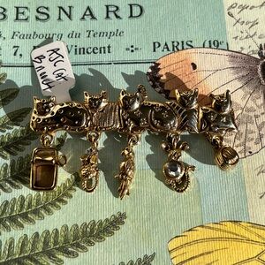 Vintage AJC Gold Cat Charm Brooch with Dangling Charms - Women Jewelry